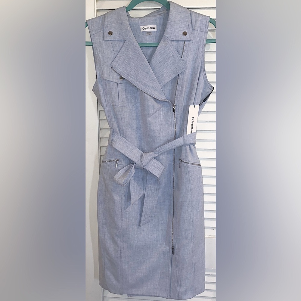 Calvin Klein Zip-Front Blue Moto Sheath Wrap Dress Regatta Sleeveless Pockets 10